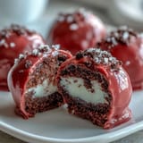 Freshly dipped Oreo Truffle Balls with pink candy coating, sprinkled with edible pearls on a marble backdrop.