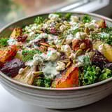 Hearty Winter Root Vegetable Bowl with roasted beets, pepitas, and crumbled feta on massaged kale.