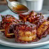 Mini Candy Apple Bites on toothpick skewers, glossy red candy coating glistening on crisp apple chunks, perfect for party trays.