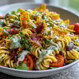 Vibrant Taco Pasta Salad with Doritos, black beans, and avocado ranch dressing, perfect for a Tex-Mex potluck or picnic.  