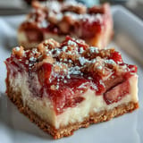 Delicious Rhubarb Custard Bars featuring a sweet tangy rhubarb layer, baked golden.