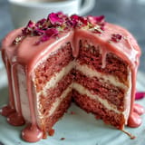 Elegant rosé velvet cake with shimmering gold drip, perfect for celebrations.