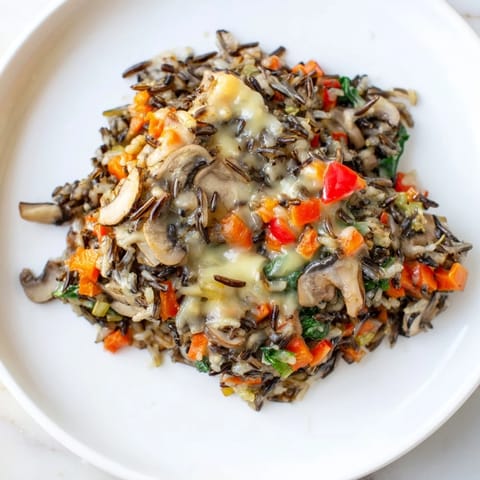 A close-up of a bubbling wild rice casserole with a golden cheese topping, baked to perfection.