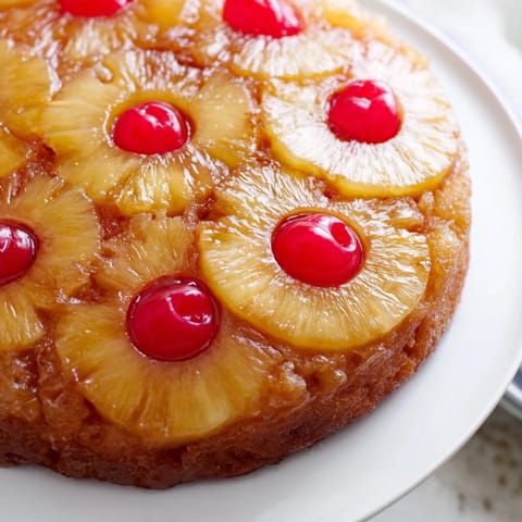 Golden, caramelized pineapple rings atop a delicious slice of Pineapple Upside-Down Cake, ready to enjoy.