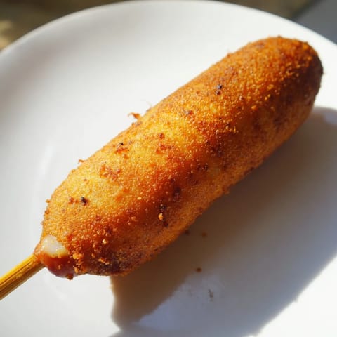 Golden, crispy corn dogs, freshly fried and ready for dipping in your favorite sauces.