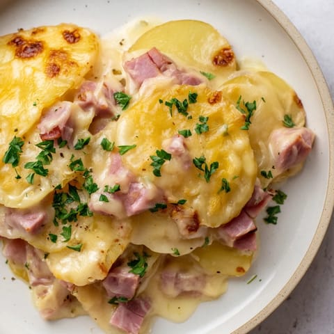 A close-up of creamy Scalloped Potatoes with Ham, showcasing layers of potatoes and ham.