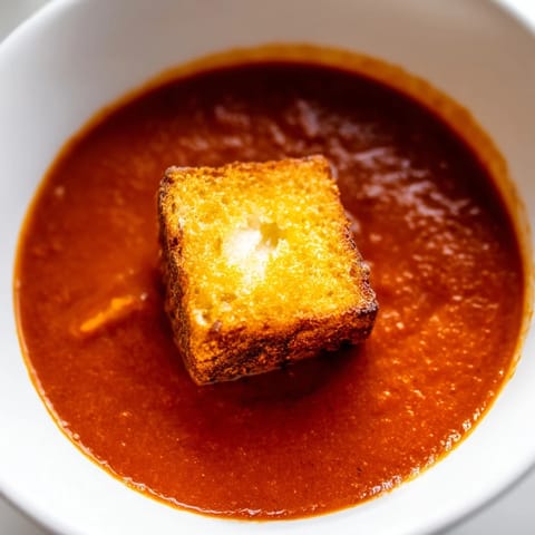 Roasted tomato soup with grilled cheese croutons served in a rustic bowl, garnished with fresh basil.  