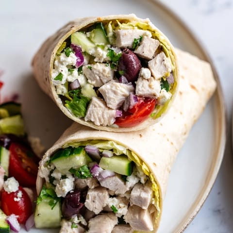 Warm flour tortilla filled with marinated lemon chicken, crisp Greek salad, and melted feta, served on a rustic plate.