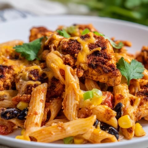 Golden, crispy chicken rests atop a cheesy skillet of Crispy Chicken Burrito Pasta with black beans and red bell peppers.