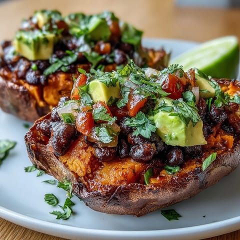 Golden roasted sweet potatoes piled high with chipotle black beans and zesty tomato salsa for a vibrant meal.