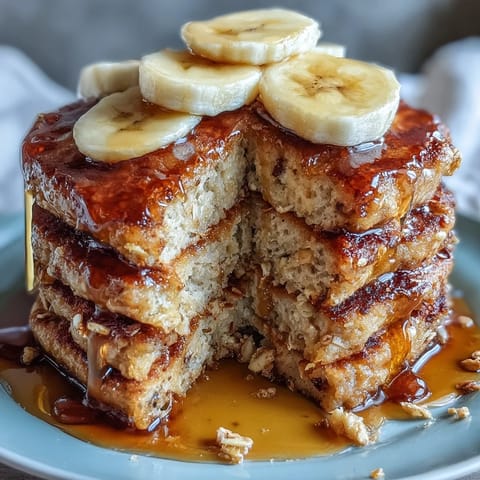Fluffy Banana Oat Pancakes stacked high, drizzled with maple syrup and topped with fresh banana slices.