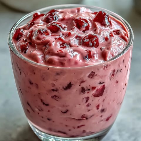 Vibrant pink Cherry Almond Smoothie topped with sliced almonds and a fresh cherry.