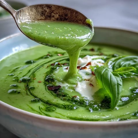 A bowl of creamy Courgette, Pea and Pesto Soup with a vibrant green swirl, garnished with fresh basil.  