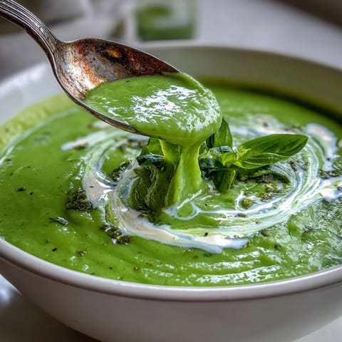Savory Courgette, Pea and Pesto Soup served hot in a rustic bowl, ready to be enjoyed with crusty bread.  
