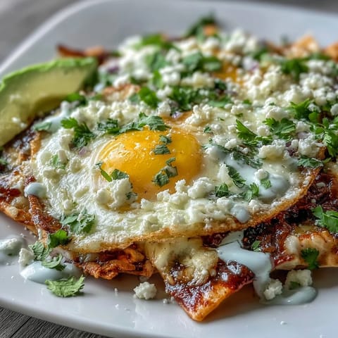 Crispy chilaquiles coated in zesty red salsa, garnished with fresh cilantro, red onion, and a drizzle of Mexican crema.  