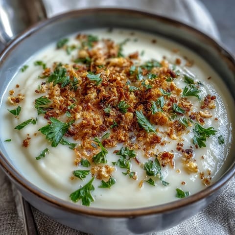 Velvety celeriac soup topped with toasted hazelnuts and fresh parsley, served hot in a white ceramic bowl.