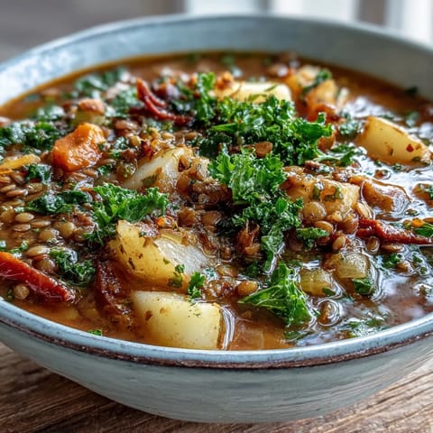 A close-up of hearty Vegetarian Lentil Stew with tender lentils, carrots, and kale in a savory, herb-infused broth.  