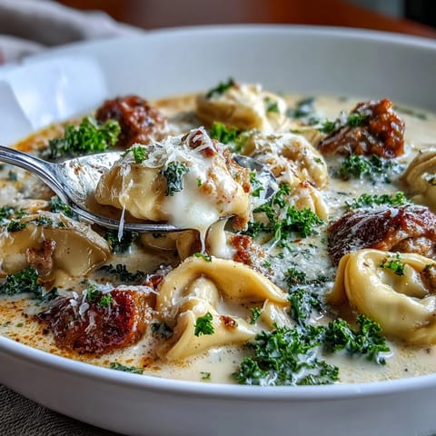 A steaming bowl of Pumpkin Tortellini Soup with Chicken Sausage and Kale, garnished with fresh parsley and Parmesan.