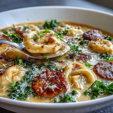 Creamy Pumpkin Tortellini Soup with Chicken Sausage and Kale served in a rustic bowl alongside crusty bread.