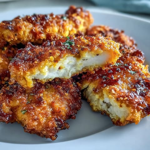 A close-up of Crispy Turmeric Chicken Tenders showcasing golden crunchy breading and savory spices on a rustic wooden table.