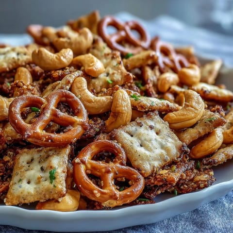 Golden-brown Everything Ranch Cheese and Pretzel Snack Mix glistening with melted butter, served in a rustic ceramic bowl for a party.