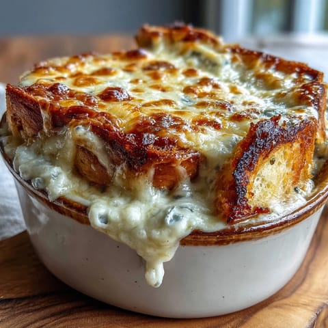 Freshly baked Croque Monsieur Casserole topped with creamy béchamel and herbs. 