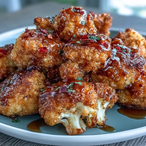 Crispy baked Crunchy Baked Hot Honey Cauliflower florets are glazed and piled on a plate, ready to serve as a spicy-sweet appetizer.