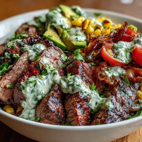 A vibrant Tex-Mex bowl features tender steak, sliced avocado, and a generous drizzle of bright green cilantro cream sauce.