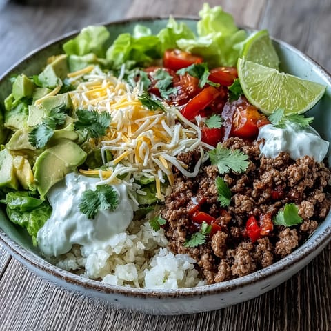 This Low Carb Burrito Bowl with savory beef, fluffy cauliflower rice, and fresh toppings is ready in about 35 minutes.