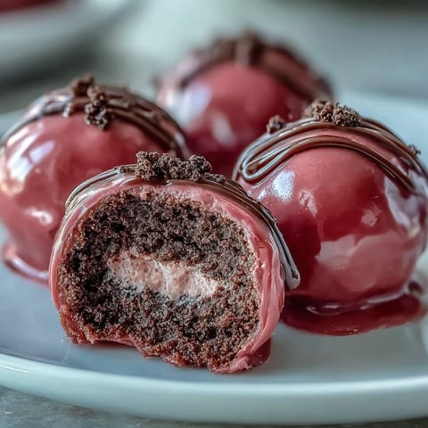 Glossy pink Oreo Truffle Balls lined on parchment, featuring a crunchy candy shell and a creamy Oreo center.