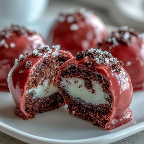 Freshly dipped Oreo Truffle Balls with pink candy coating, sprinkled with edible pearls on a marble backdrop.