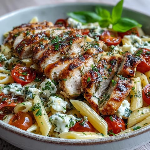 A close-up of Bruschetta Chicken Pasta, highlighting vibrant red tomatoes, melted cheese, and chopped green herbs over steaming Italian-American noodles.