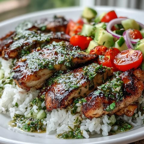 Sliced chimichurri chicken rests over fluffy rice with avocado and cherry tomatoes for a bright meal.