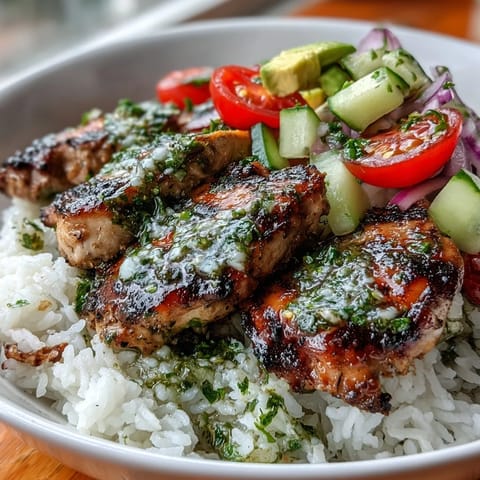 Vibrant chimichurri chicken bowl with avocado and cucumber, garnished with herbs and a lime wedge.
