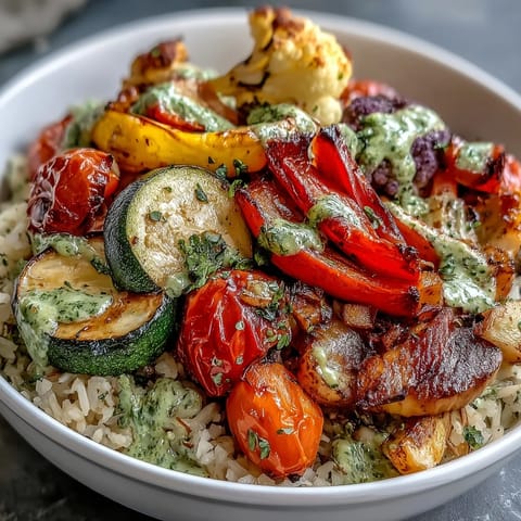 Vibrant roasted bell peppers, broccoli, and carrots from this Rainbow Roasted Vegetable Bowl, served over fluffy brown rice and topped with fresh herb sauce.