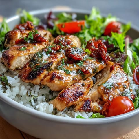 Juicy sun-dried tomato chicken slices rest on fluffy white rice, topped with crisp greens, cherry tomatoes, and crumbled feta.