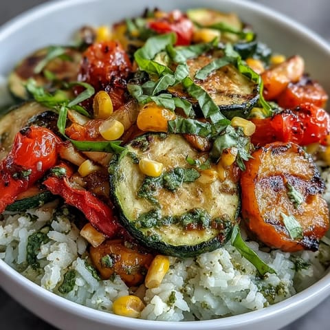 Vibrant sautéed zucchini and peppers atop rice for a Summer Vegetable Bowl, served in a white bowl with fresh basil garnish.