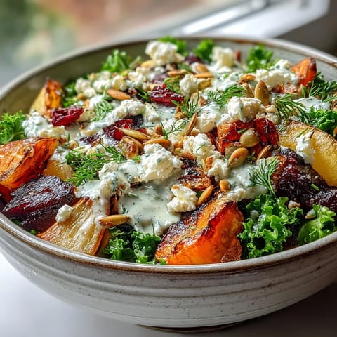Hearty Winter Root Vegetable Bowl with roasted beets, pepitas, and crumbled feta on massaged kale.