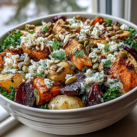 Close-up of the Winter Root Vegetable Bowl showing roasted carrots, parsnips, and sweet potatoes on kale.