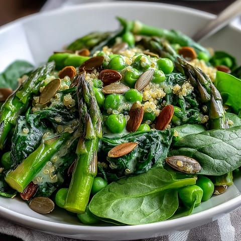 Vibrant Spring Green Bowl with fresh peas, asparagus, and spinach over hearty grains, drizzled with zesty lemon dressing.