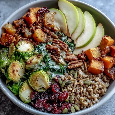 Warm roasted fall vegetables and crisp apples atop nutty grains, garnished with pumpkin seeds and dried cranberries.  