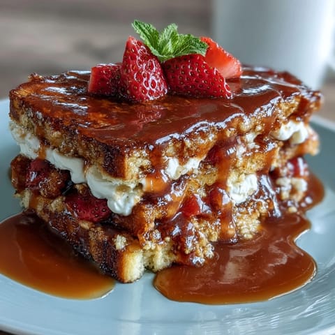 A golden-baked French toast casserole with juicy strawberries, vanilla custard, and a cinnamon crumb topping, perfect for spring brunch.