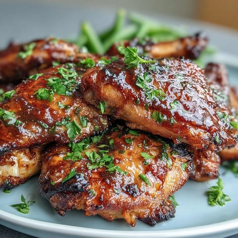 Honey Mustard Chicken with Green Beans served on a rustic plate with vibrant green beans and glossy chicken glazed in golden honey-mustard sauce.