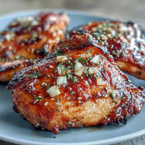 Honey Garlic Baked Chicken Thighs with a glossy, golden glaze, served hot from the oven with fresh parsley sprinkled on top.
