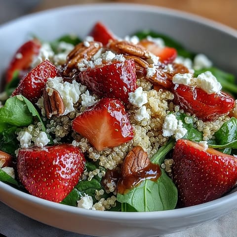 Fresh strawberry and feta quinoa salad with baby spinach, drizzled with tangy balsamic dressing for a colorful spring meal.  