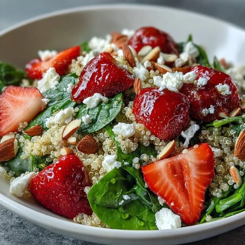 Hearty quinoa salad loaded with juicy strawberries, creamy feta, and crisp veggies, tossed in a honey-balsamic vinaigrette for a light lunch.  