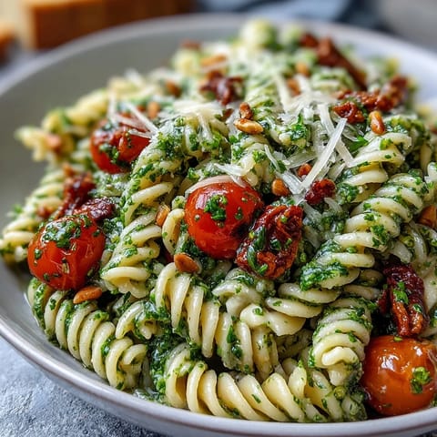 Summer pasta salad with pesto and cherry tomatoes in a large white bowl, garnished with parmesan shavings and lemon zest.
