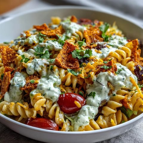 Creamy Taco Pasta Salad with Doritos and Avocado Ranch in a colorful bowl, garnished with crushed chips and fresh cilantro.  