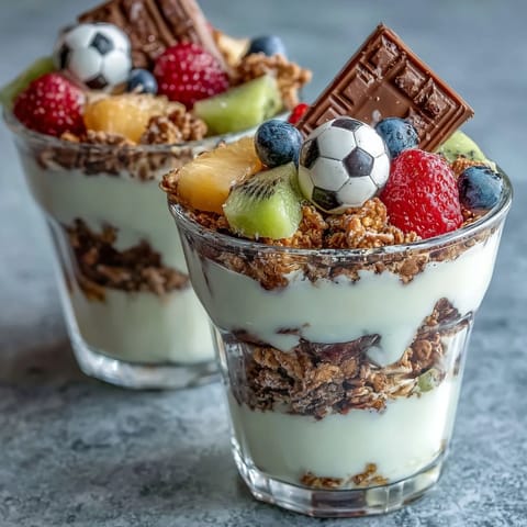 Soccer Team Snack Cups with Fruit and Granola in clear cups, layered with fresh berries, pineapple, and crunchy granola, topped with yogurt and soccer ball picks.