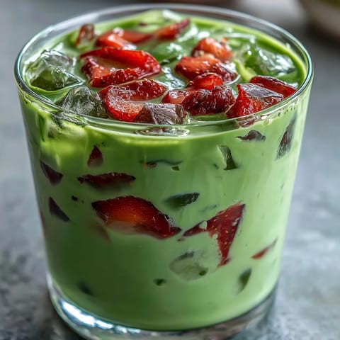 Strawberry Matcha Latte with Oat Milk in two tall glasses, vibrant pink strawberry puree topped with creamy oat milk and earthy green matcha, served with ice cubes.